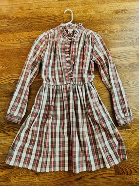 J. Crew Factory Red, Green and Cream Plaid Ruffle-Front Midi Dress